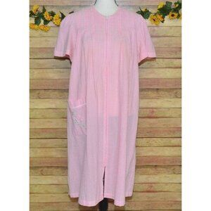 Vintage Miss Elaine Pink Check Seersucker Front Zip Nightgown Lounge Robe Size S